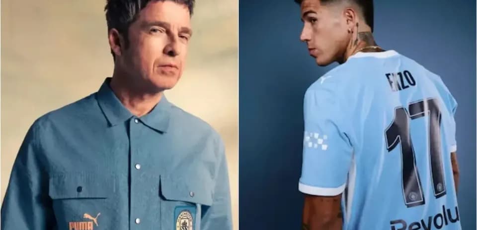 Man in Puma shirt and player in Manchester City jersey