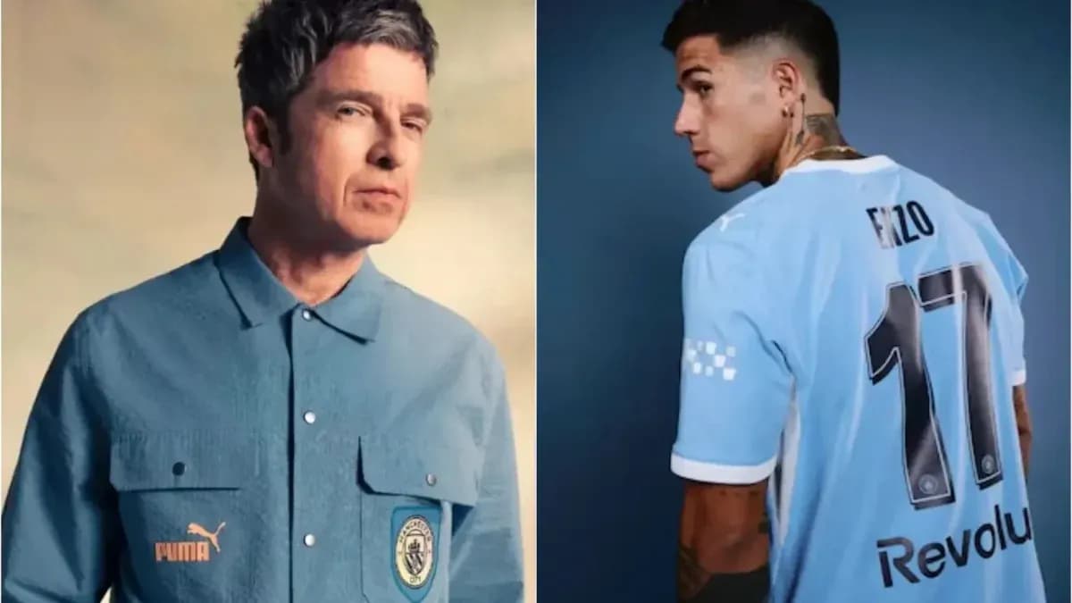 Man in Puma shirt and player in Manchester City jersey