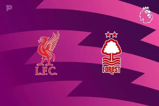 Liverpool and Nottingham Forest club logos on purple background