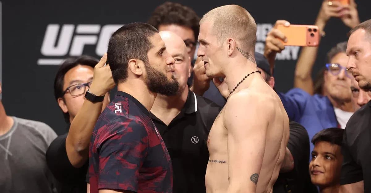 Fighters facing off during UFC weigh-in event