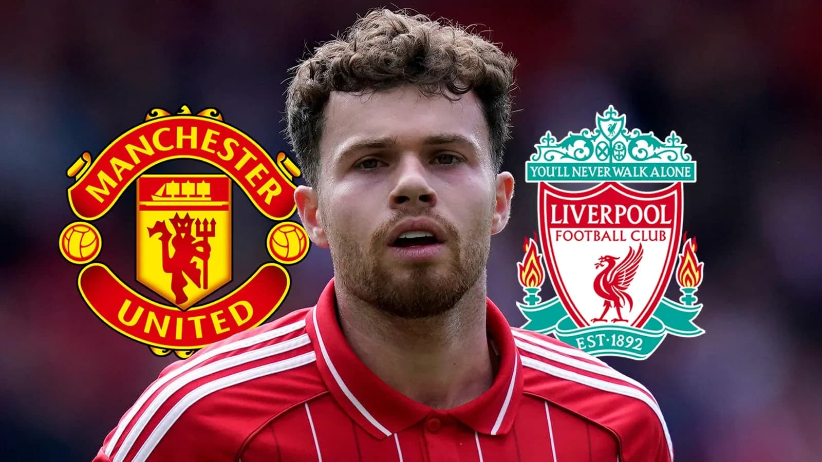 Futbolchi Manchester United va Liverpool logotiplari ortida