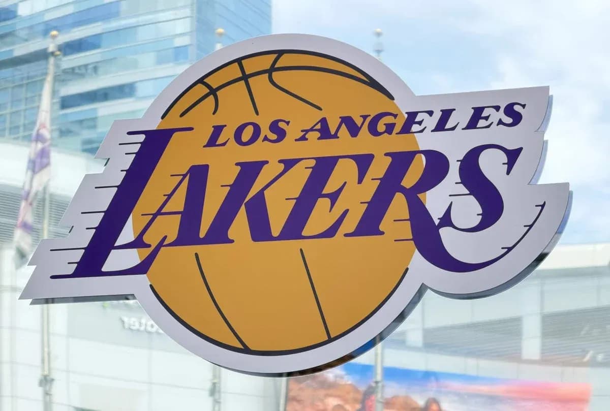 Los Angeles Lakers logo on storefront window Los Angeles Lakers logo on storefront window