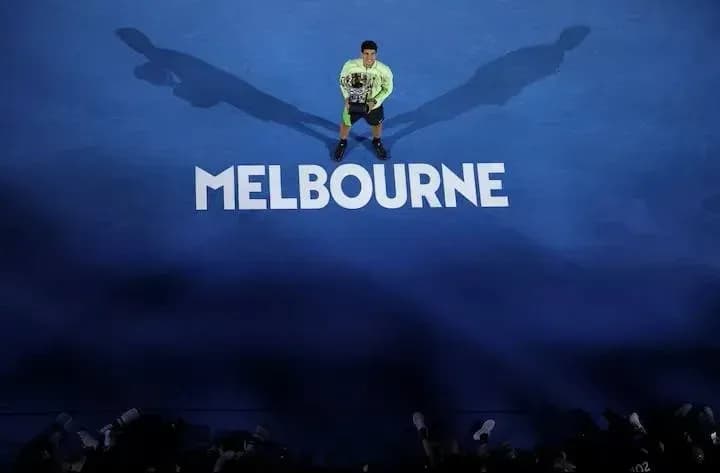Tennis player celebrating on Melbourne court Tennis player celebrating on Melbourne court