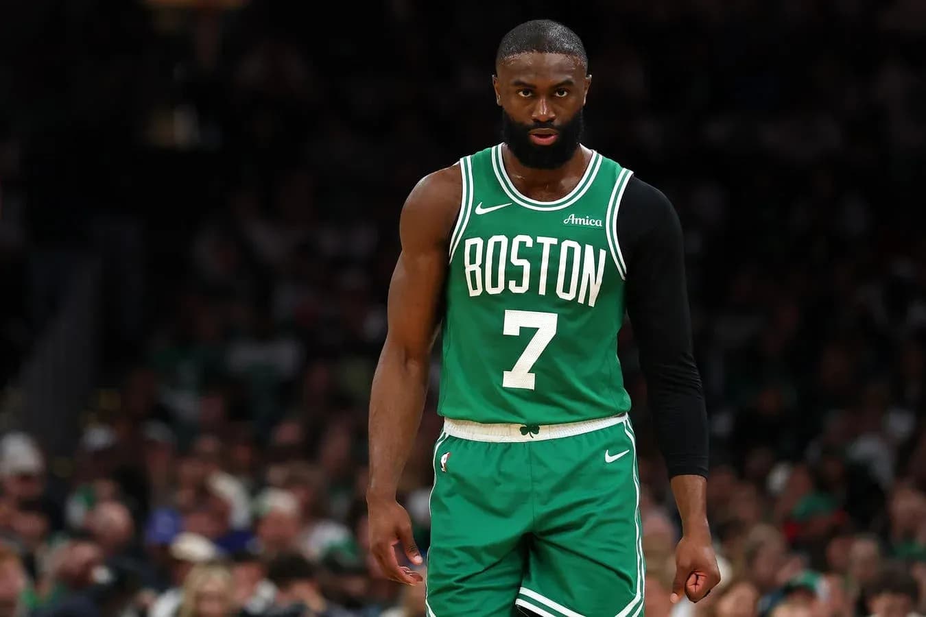 Jaylen Brown in Boston Celtics uniform during game Jaylen Brown in Boston Celtics uniform during game