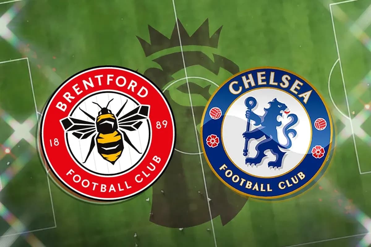 Brentford and Chelsea club logos on football pitch Brentford and Chelsea club logos on football pitch