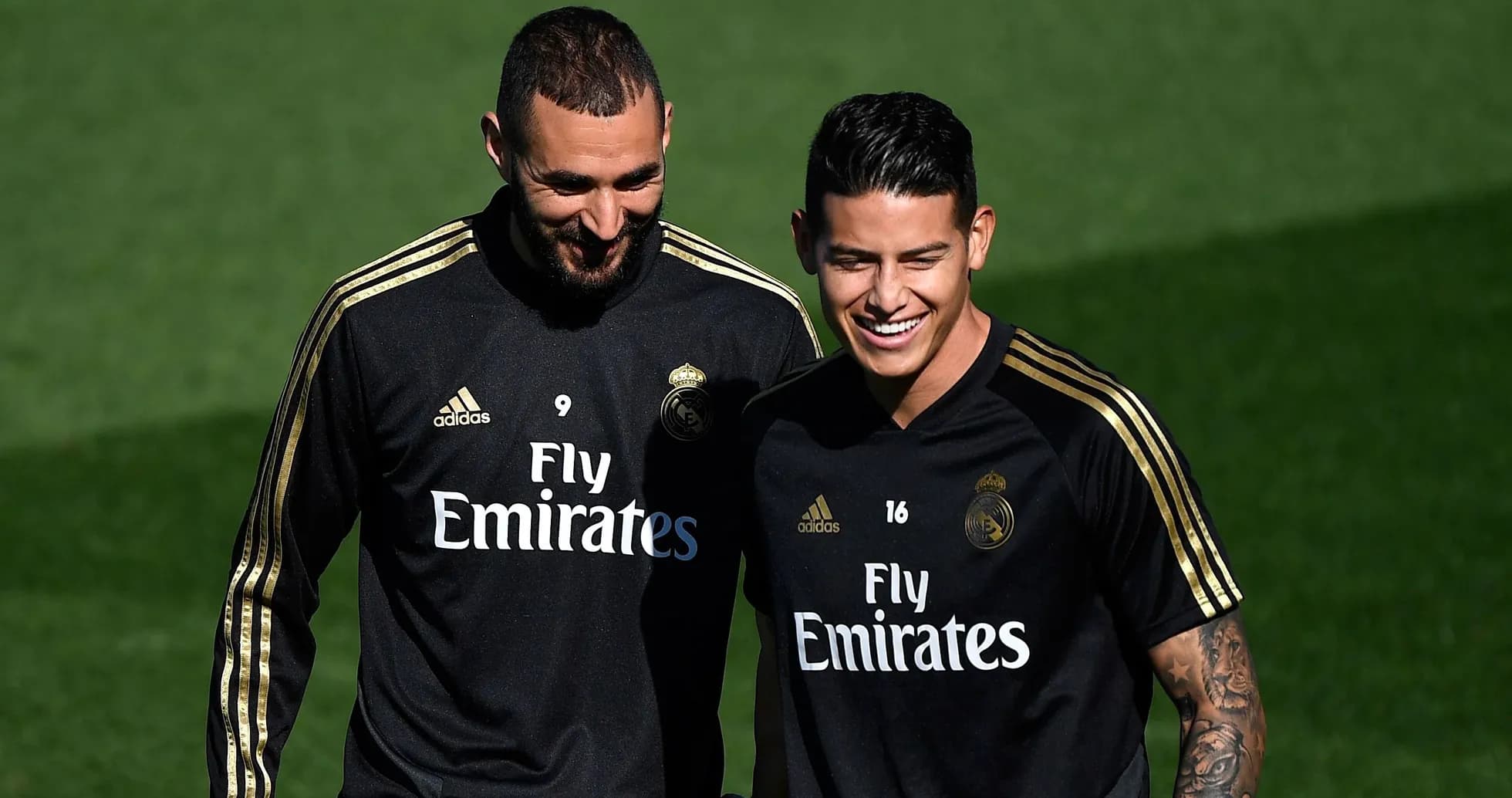 Karim Benzema and James Rodríguez during training session Karim Benzema and James Rodríguez during training session