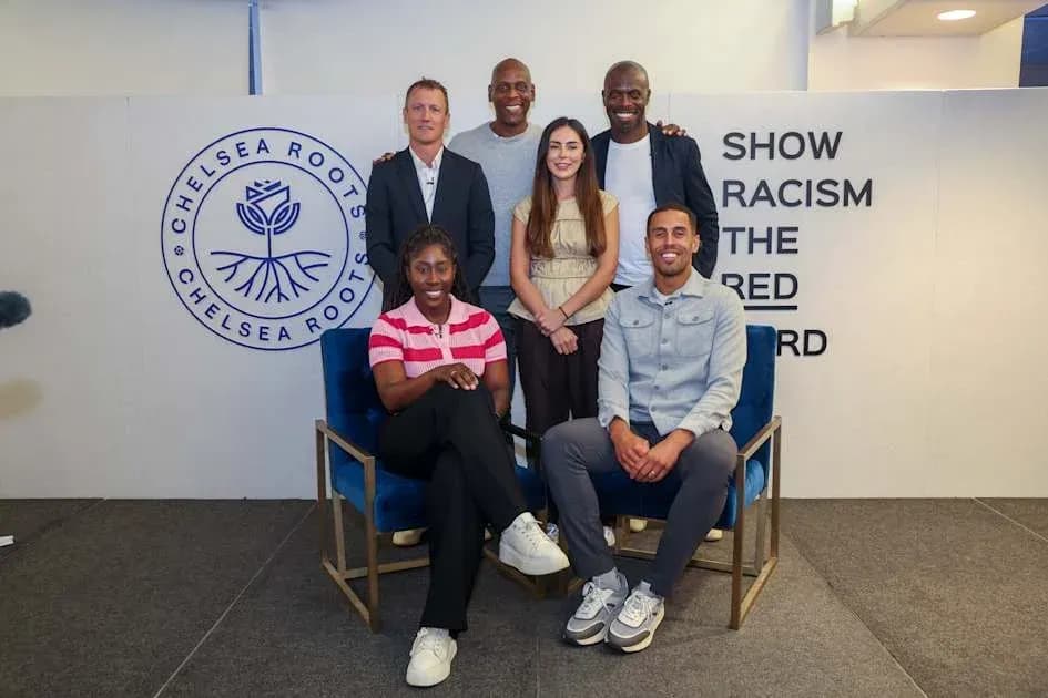 Group of six people promoting anti-racism campaign Group of six people promoting anti-racism campaign