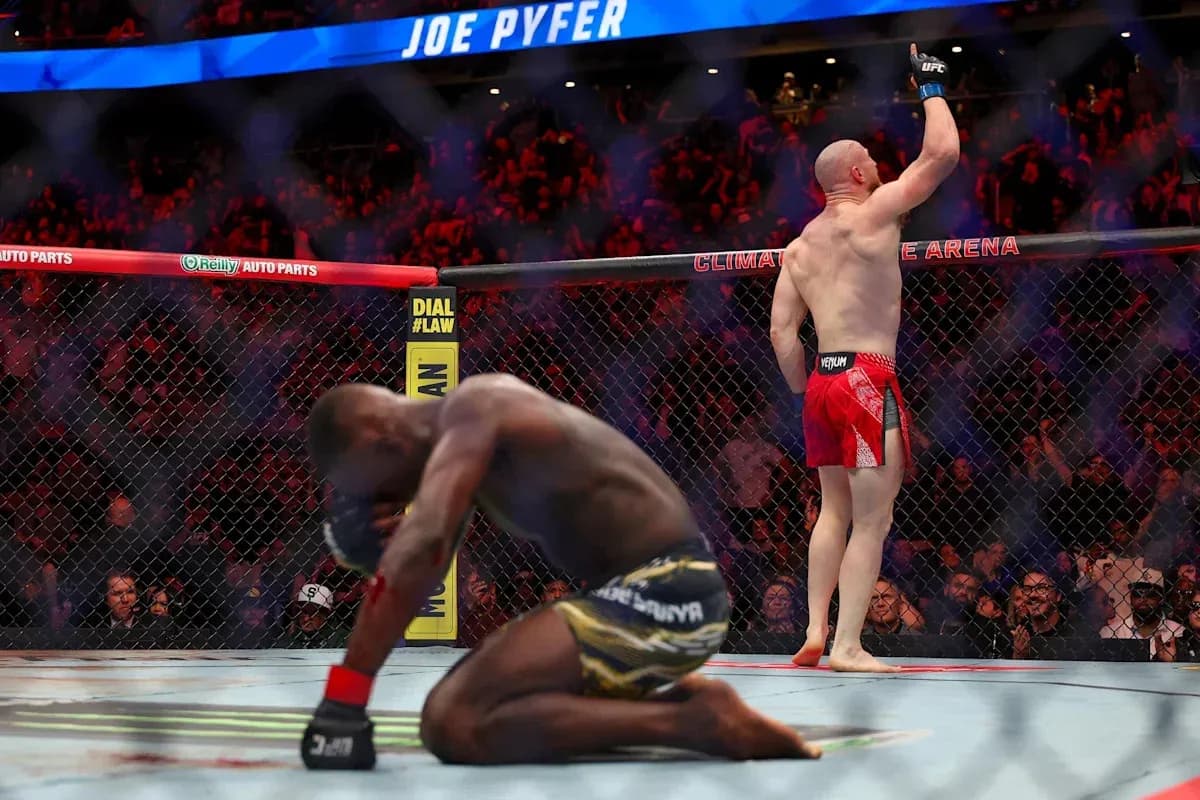 Joe Pyfer celebrating victory in UFC match Joe Pyfer celebrating victory in UFC match