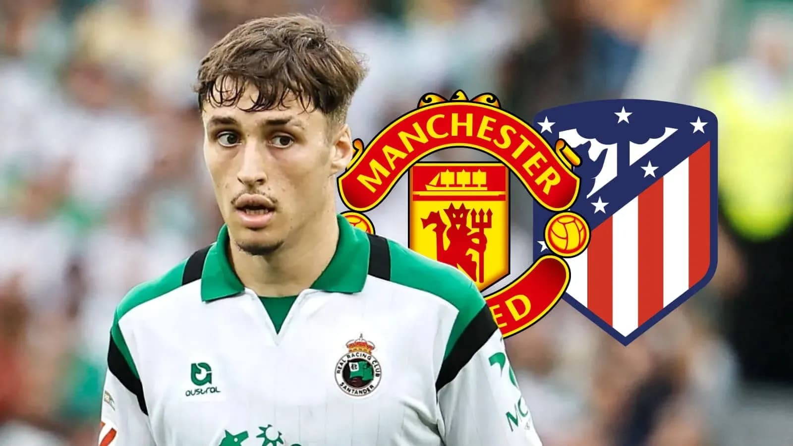 Futbolchi maydonda, Manchester United va Atletico logotiplari Futbolchi maydonda, Manchester United va Atletico logotiplari