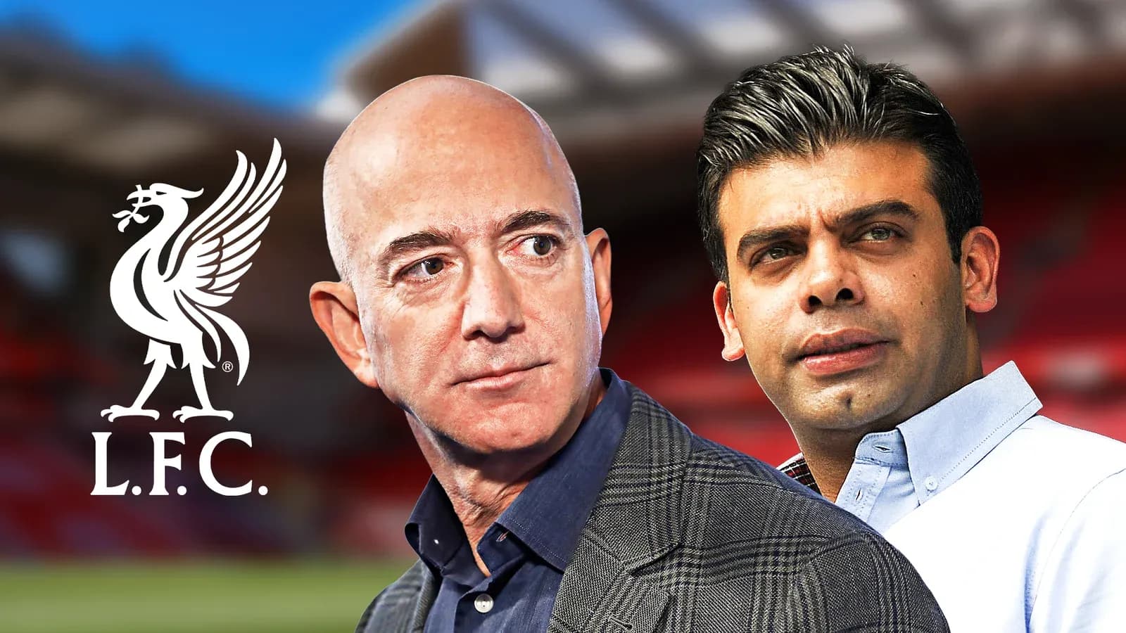 Jeff Bezos and another person at Liverpool FC backdrop Jeff Bezos and another person at Liverpool FC backdrop