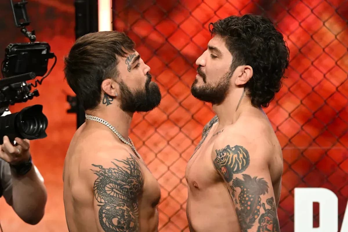 Two fighters facing off before match weigh-in Two fighters facing off before match weigh-in