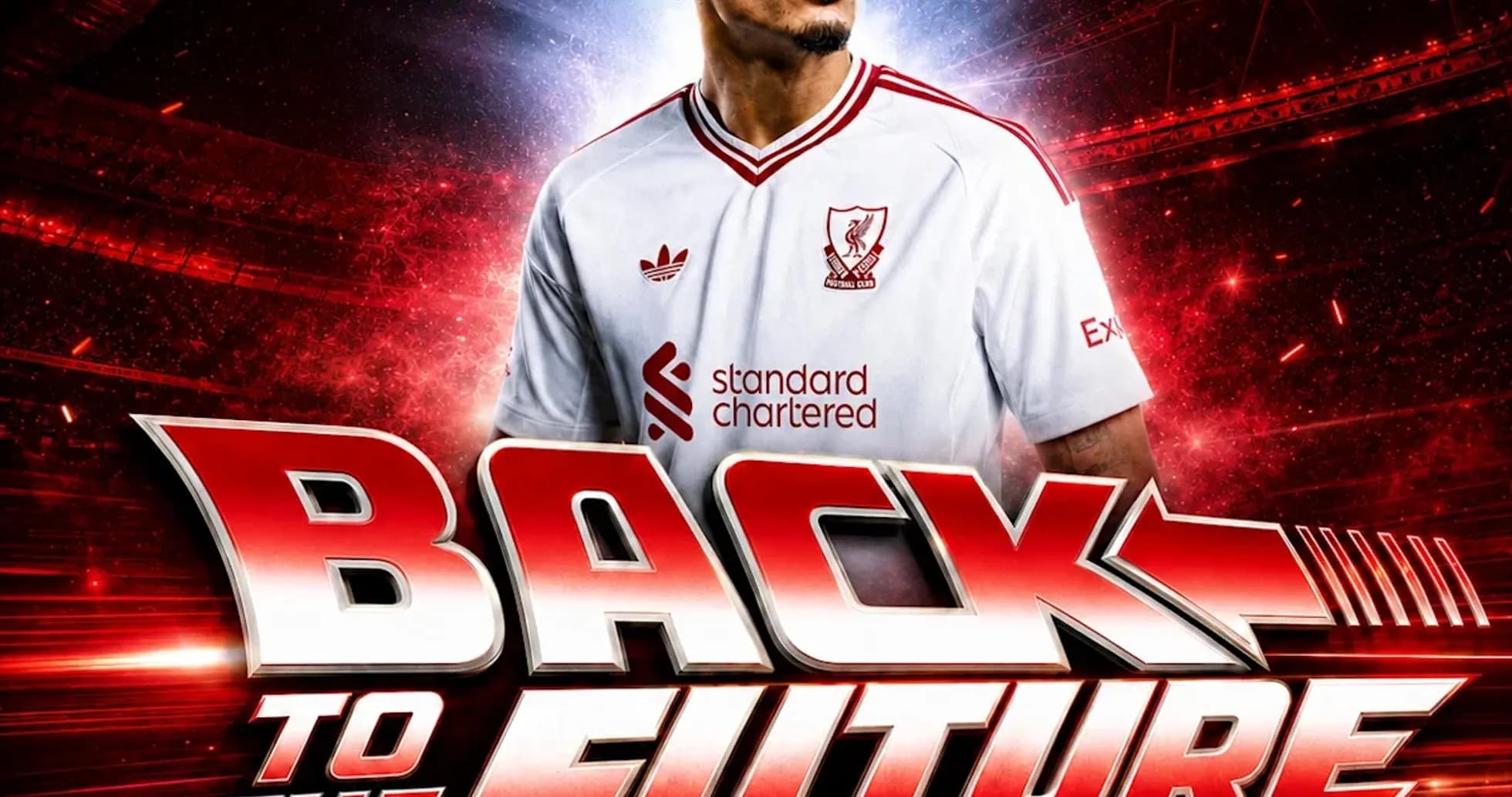 Futbolchi Liverpool formasida, fon qizil rangda Futbolchi Liverpool formasida, fon qizil rangda