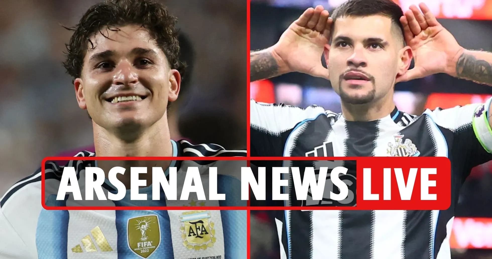 Two football players celebrating, Arsenal news headline Two football players celebrating, Arsenal news headline