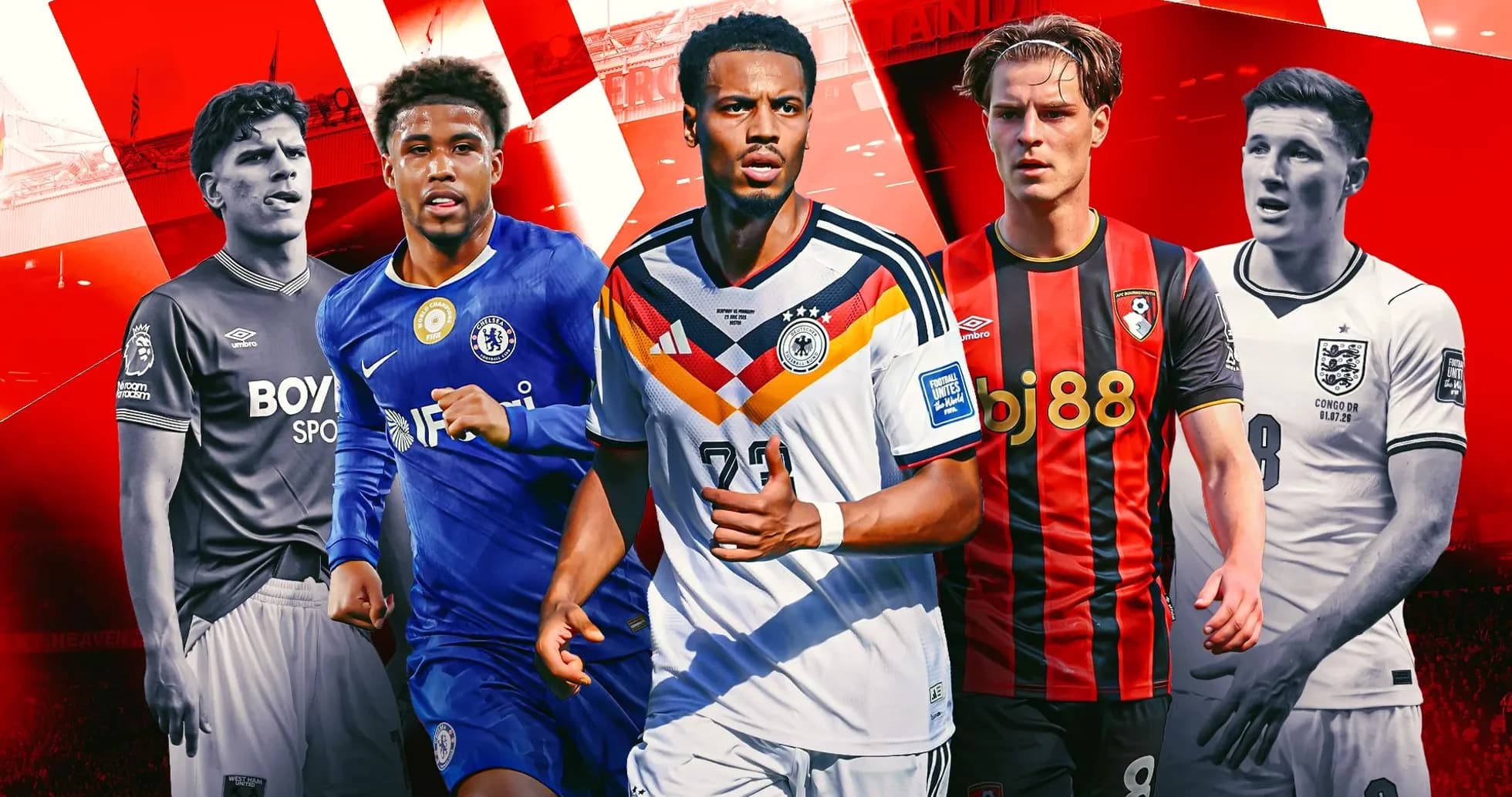 Five football players in various team kits Five football players in various team kits