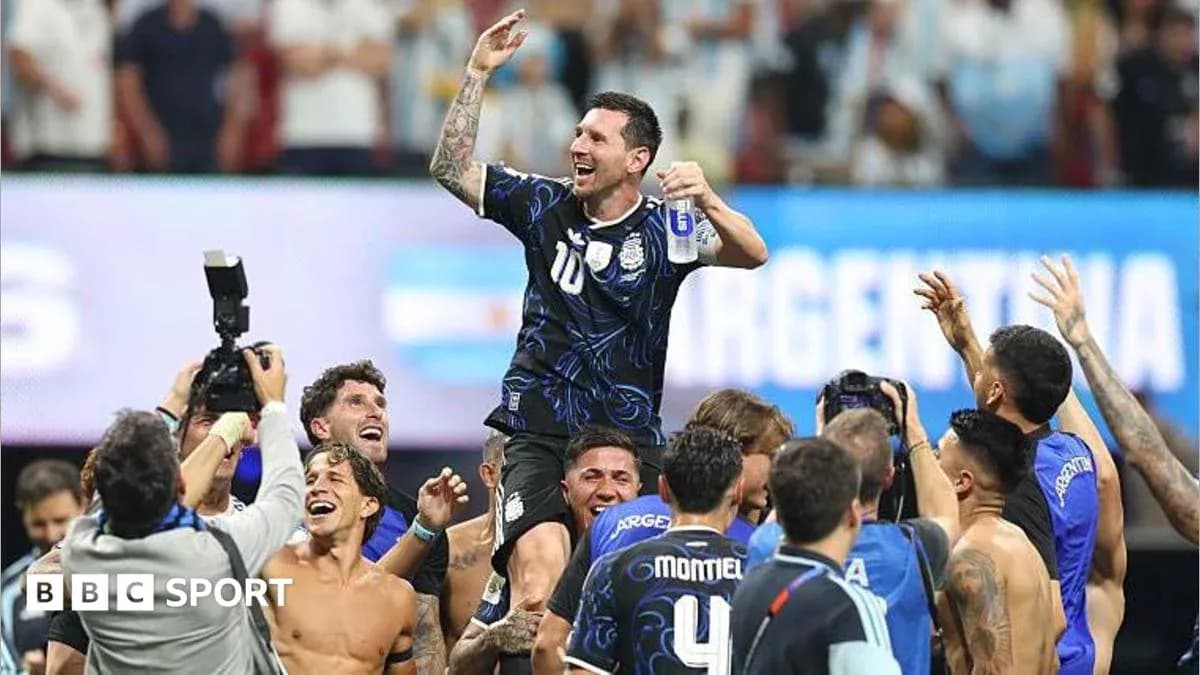 Lionel Messi celebrated by teammates after victory Lionel Messi celebrated by teammates after victory