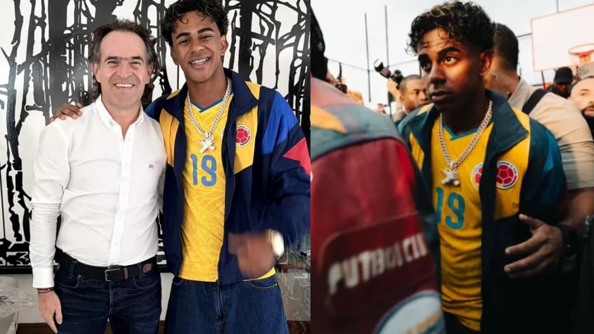 Person wearing Colombian jersey posing with another man Person wearing Colombian jersey posing with another man