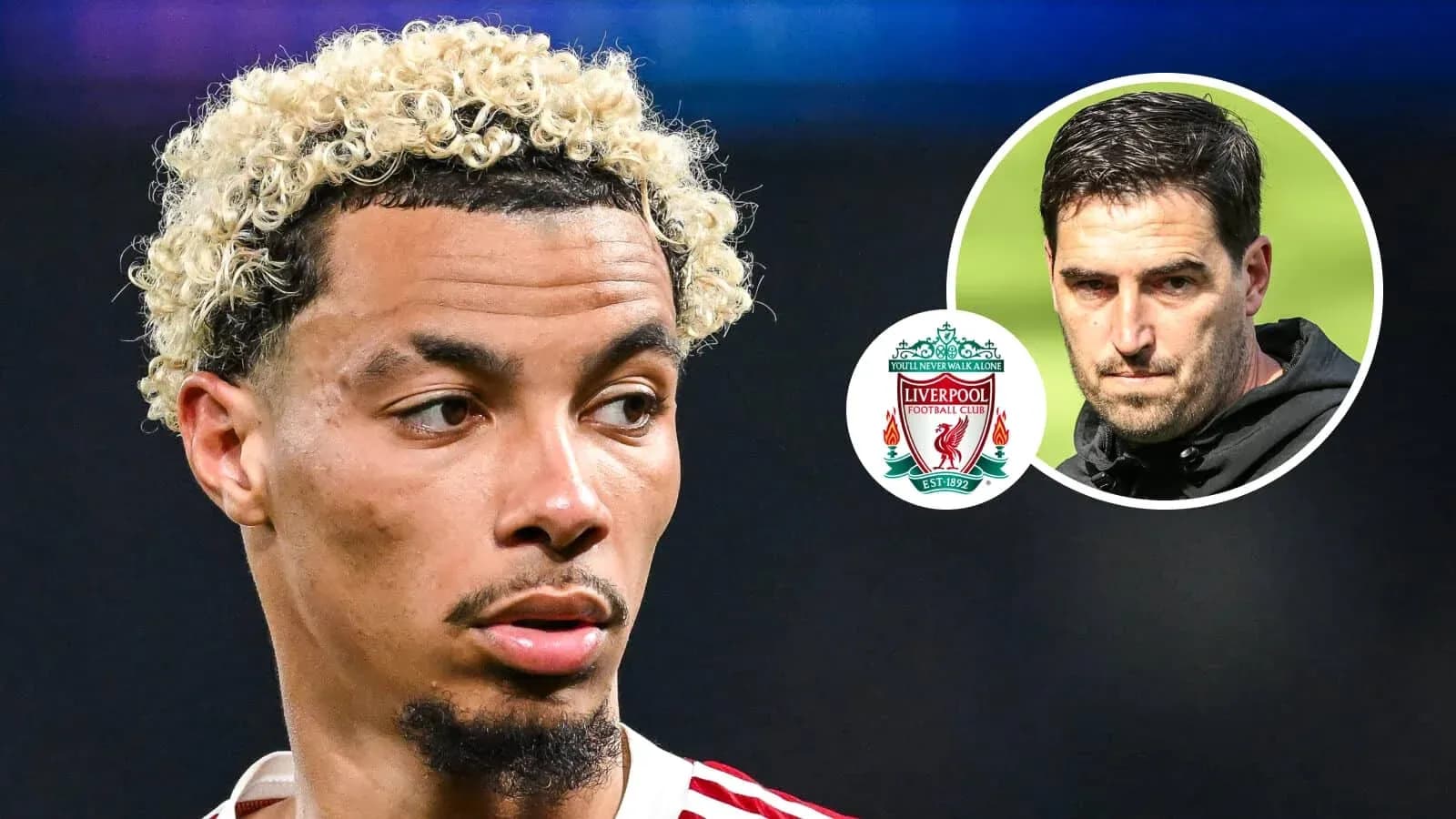 Futbolchi va murabbiy Liverpool logotipi bilan Futbolchi va murabbiy Liverpool logotipi bilan