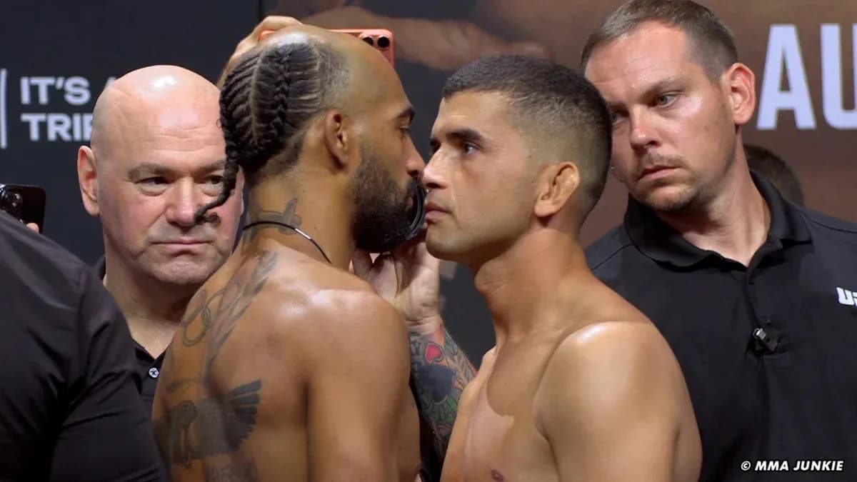 Fighters face-off during weigh-in event Fighters face-off during weigh-in event