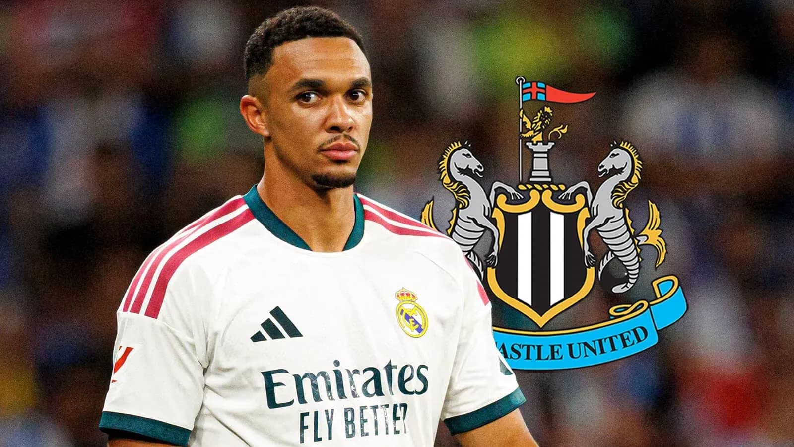 Futbolchi Real Madrid formasida, Newcastle United logosi bilan Futbolchi Real Madrid formasida, Newcastle United logosi bilan