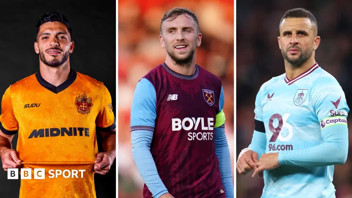 Three football players wearing team jerseys Three football players wearing team jerseys