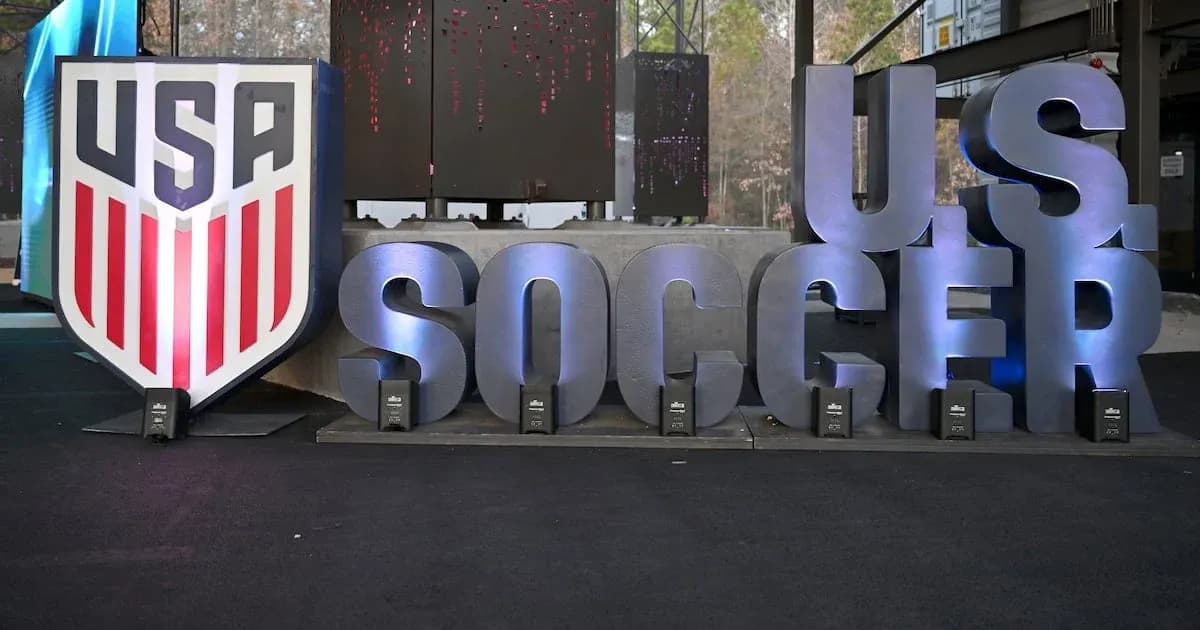 USA Soccer logo displayed at event venue USA Soccer logo displayed at event venue