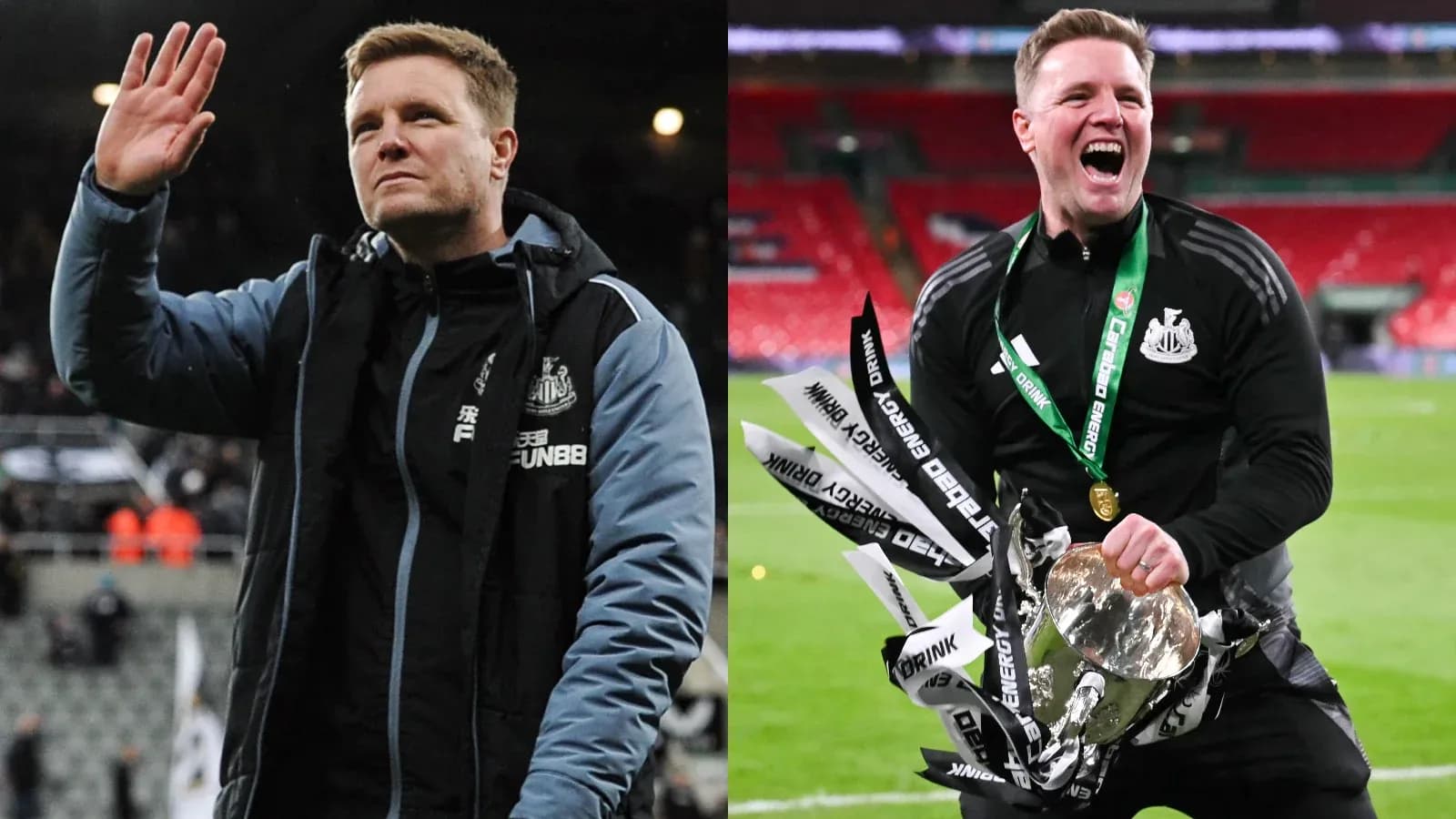Eddie Howe celebrating with trophy after match Eddie Howe celebrating with trophy after match