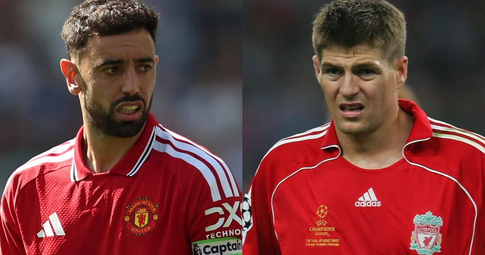 Bruno Fernandes and Steven Gerrard in team jerseys Bruno Fernandes and Steven Gerrard in team jerseys