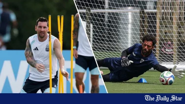 Messi training with agility poles, goalkeeper practicing saves Messi training with agility poles, goalkeeper practicing saves
