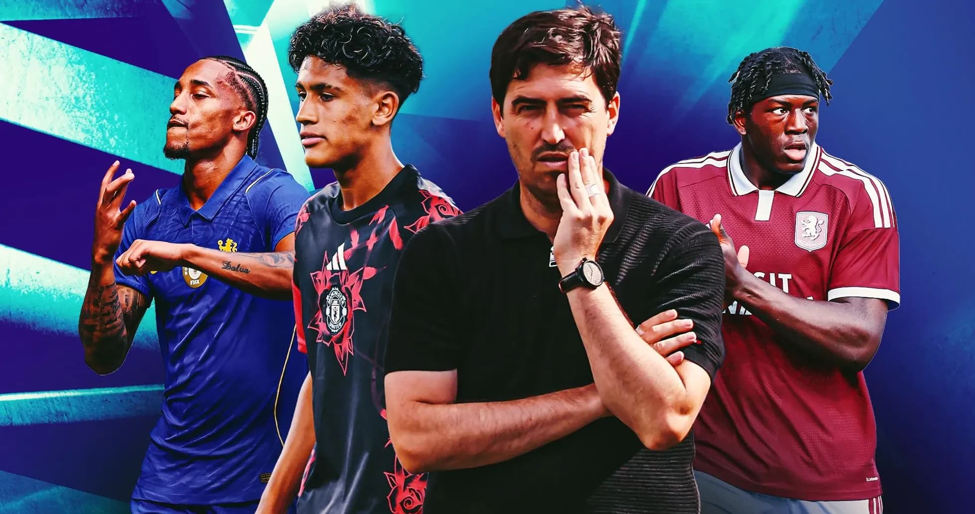 Four football players and a coach in dynamic poses Four football players and a coach in dynamic poses