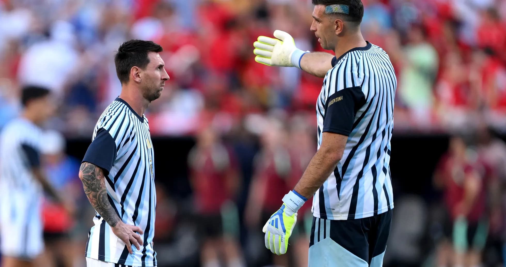 Messi and goalkeeper discussing during warm-up Messi and goalkeeper discussing during warm-up