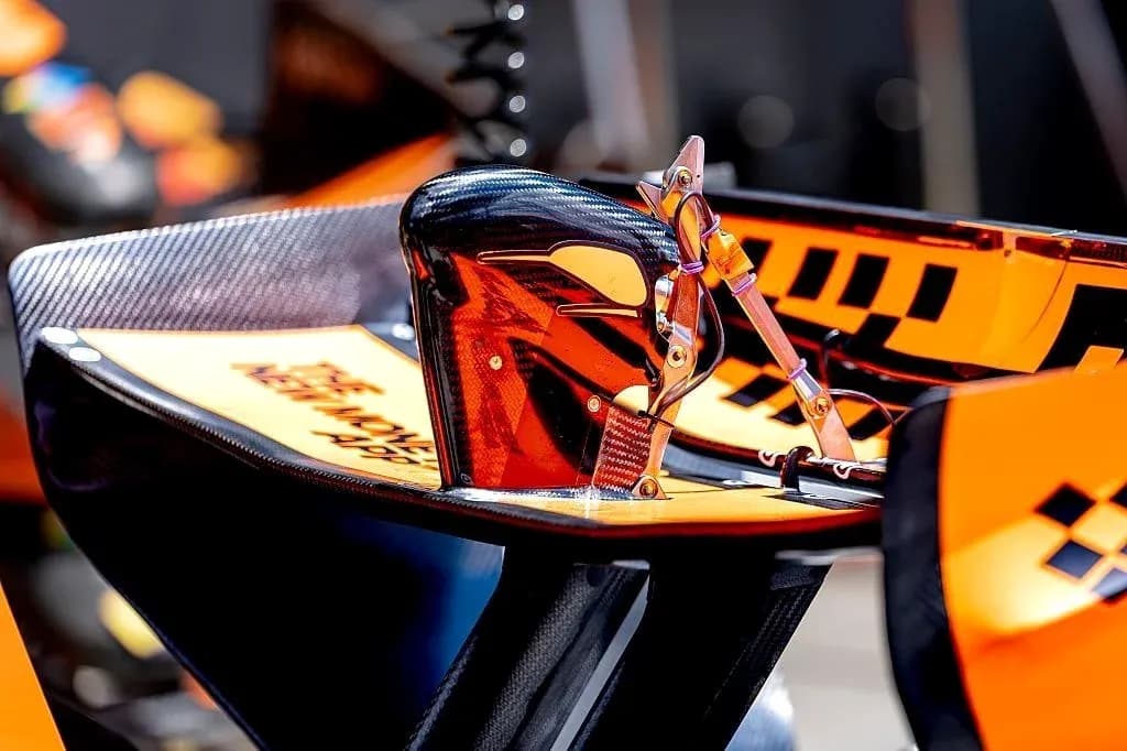 F1 car rear wing detail with aerodynamic components F1 car rear wing detail with aerodynamic components