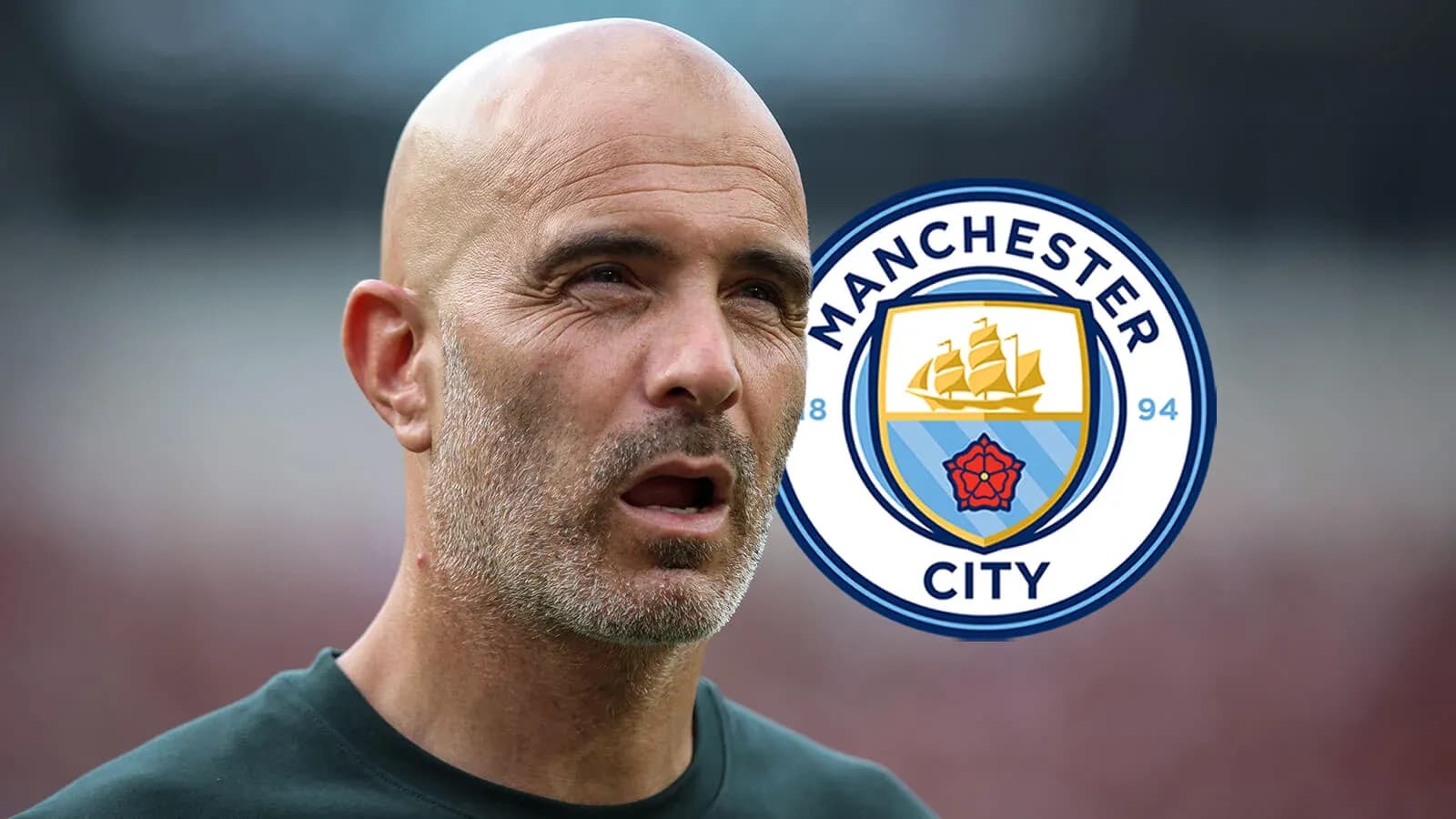 Manchester City coach with club logo in background Manchester City coach with club logo in background