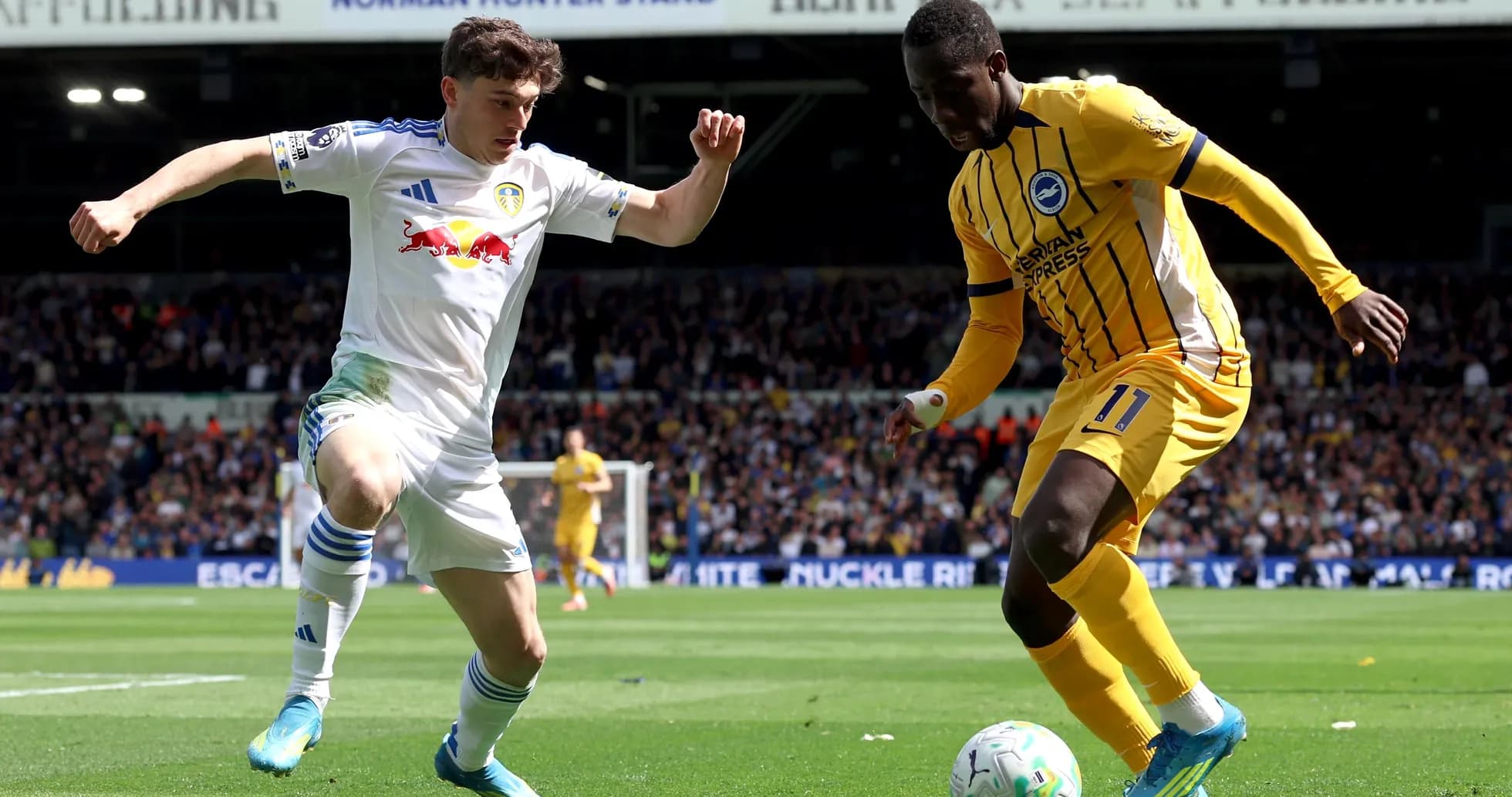 Leeds and Brighton players competing for the ball Leeds and Brighton players competing for the ball