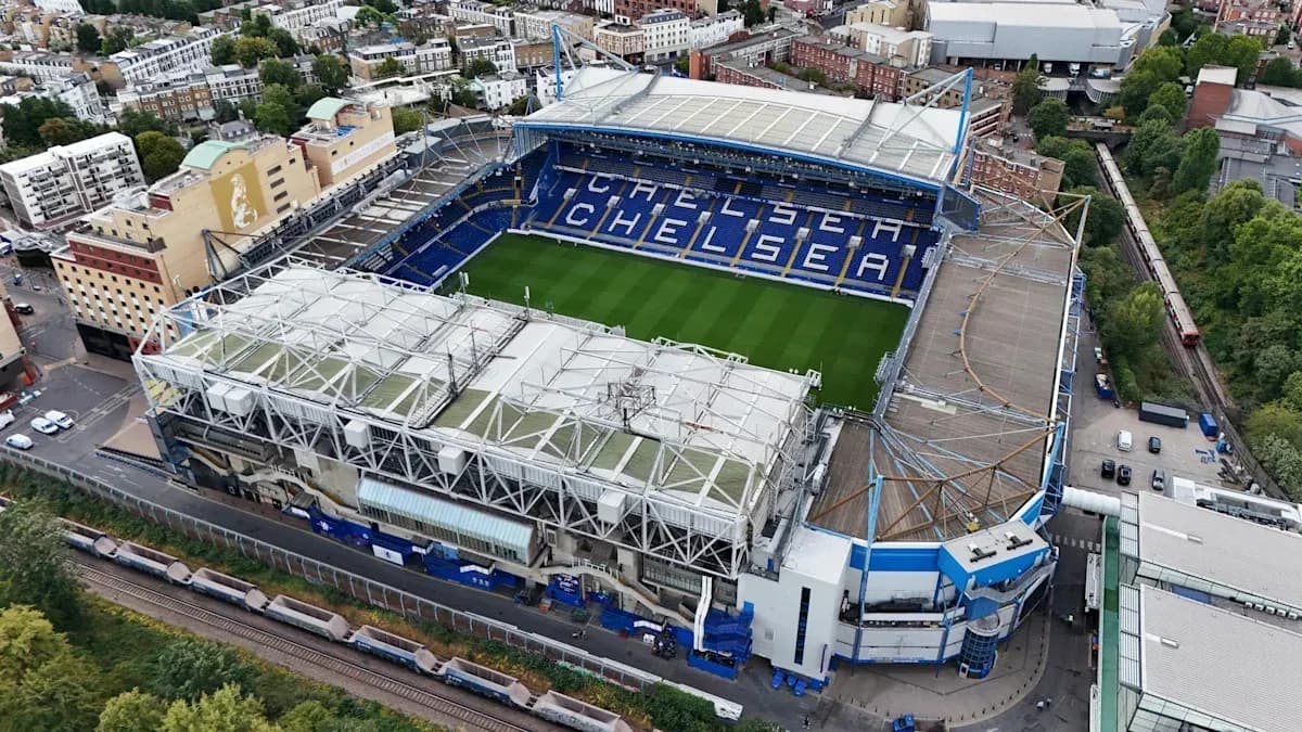 Stamford Bridge stadium with Chelsea branding visible Stamford Bridge stadium with Chelsea branding visible