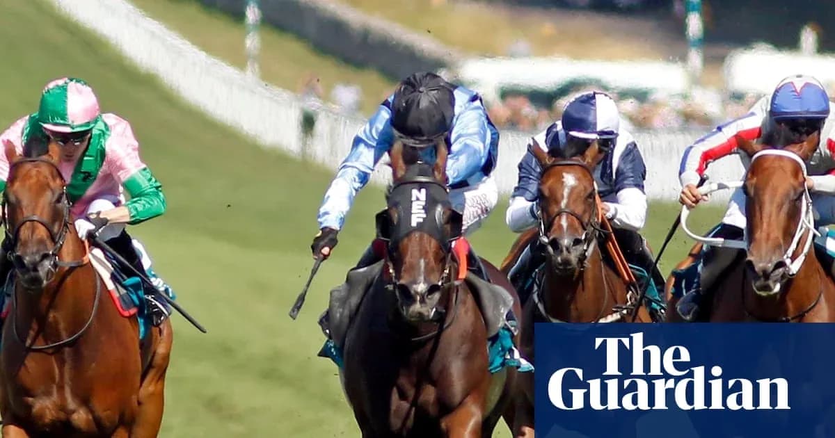 Jockeys racing on horses during a horse race Jockeys racing on horses during a horse race