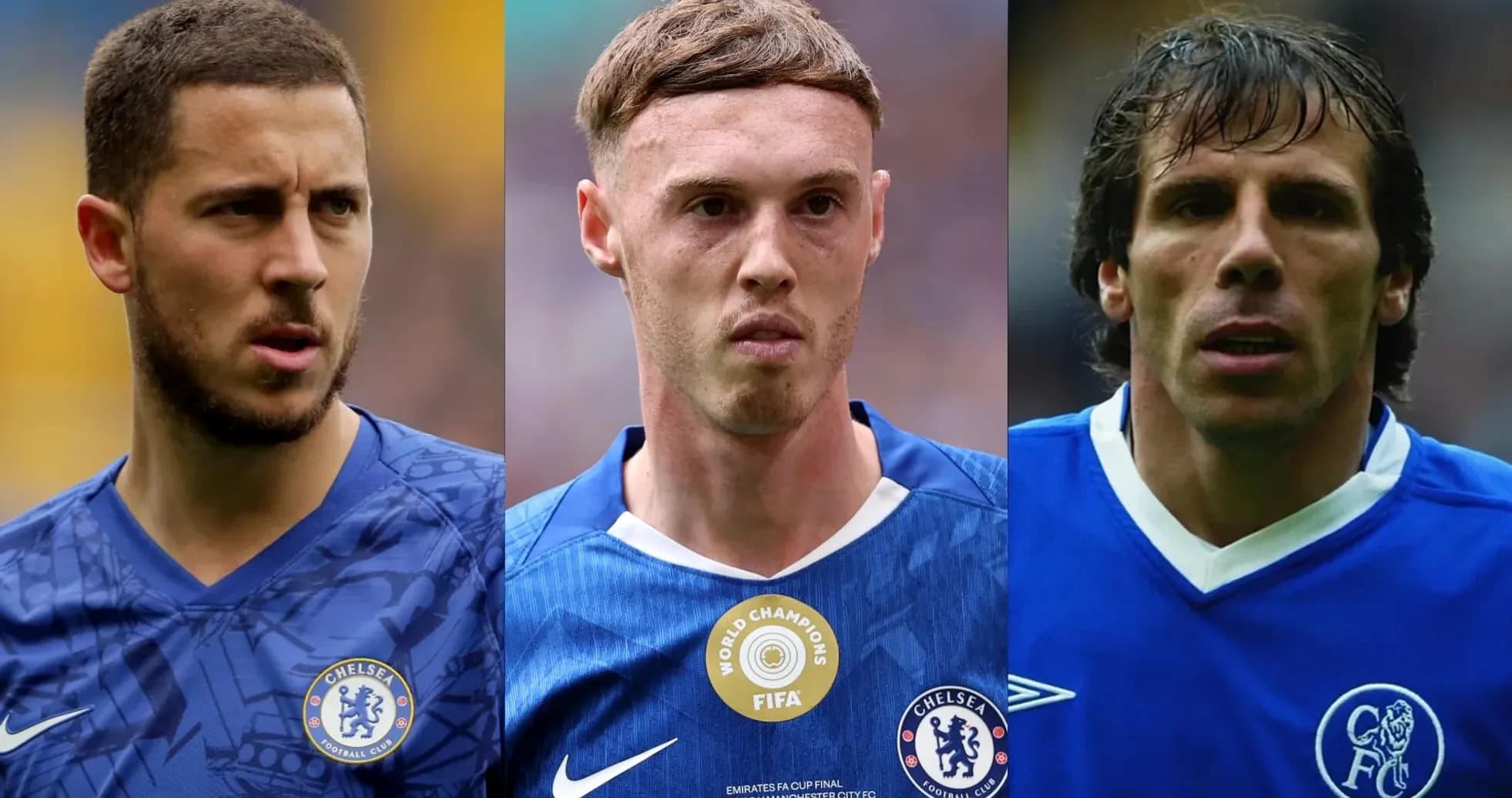 Three Chelsea players in blue jerseys Three Chelsea players in blue jerseys