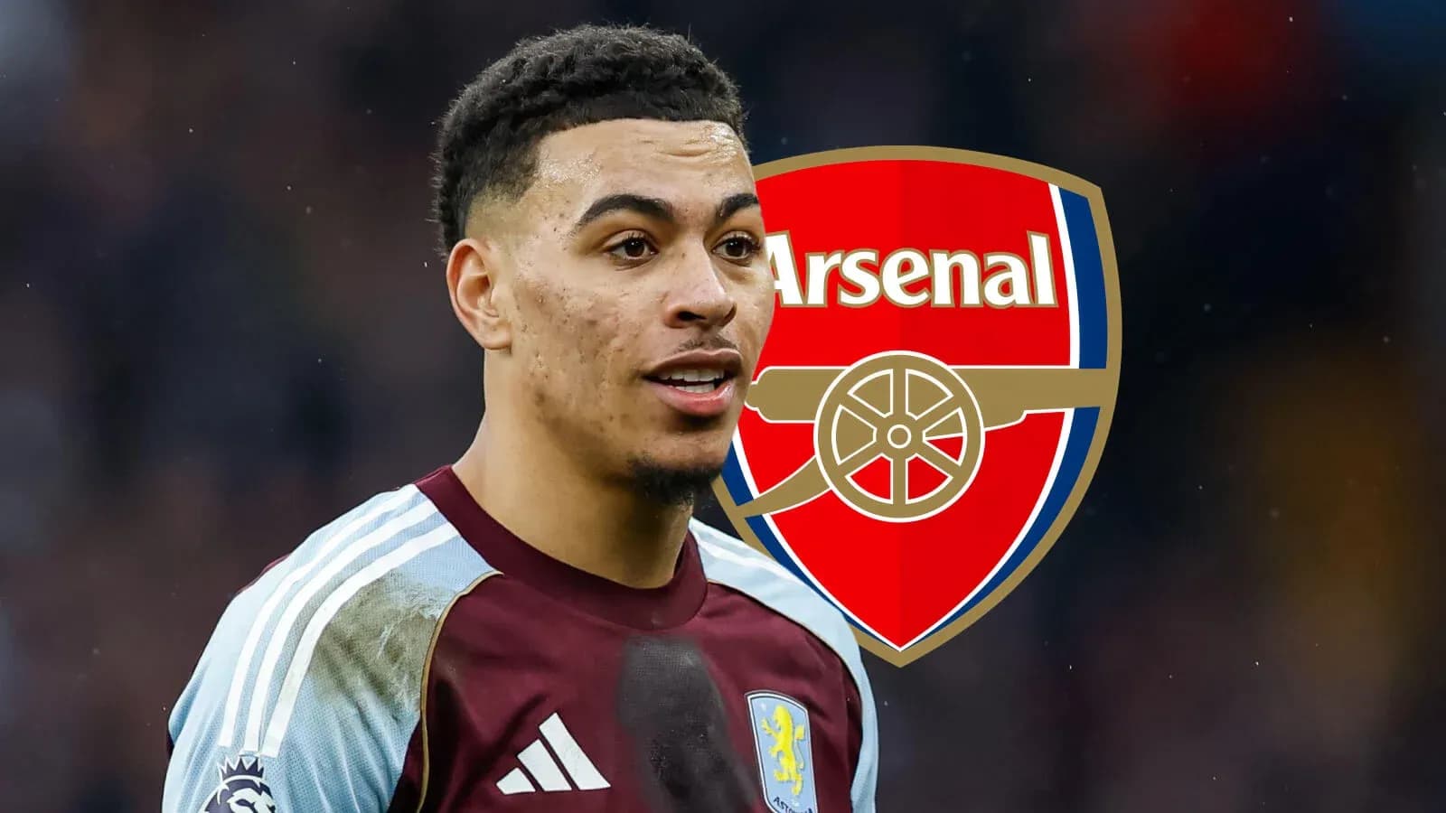 Futbolchi Aston Villa formasida, Arsenal logotipi orqa fondida Futbolchi Aston Villa formasida, Arsenal logotipi orqa fondida