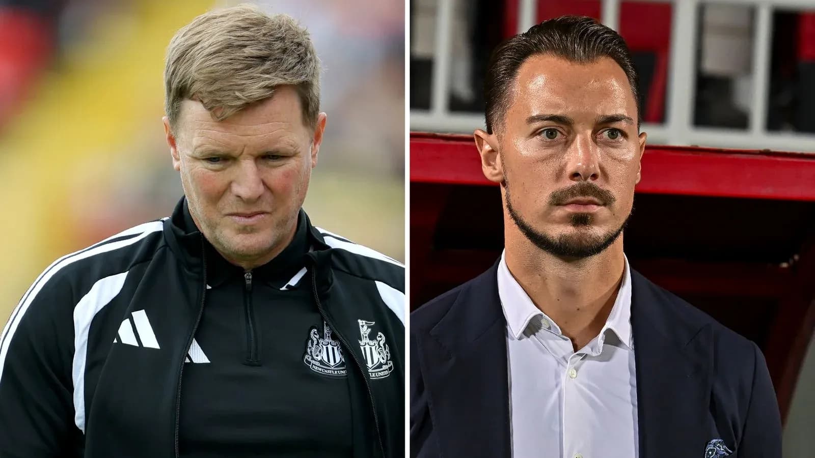 Two football managers during a match buildup Two football managers during a match buildup