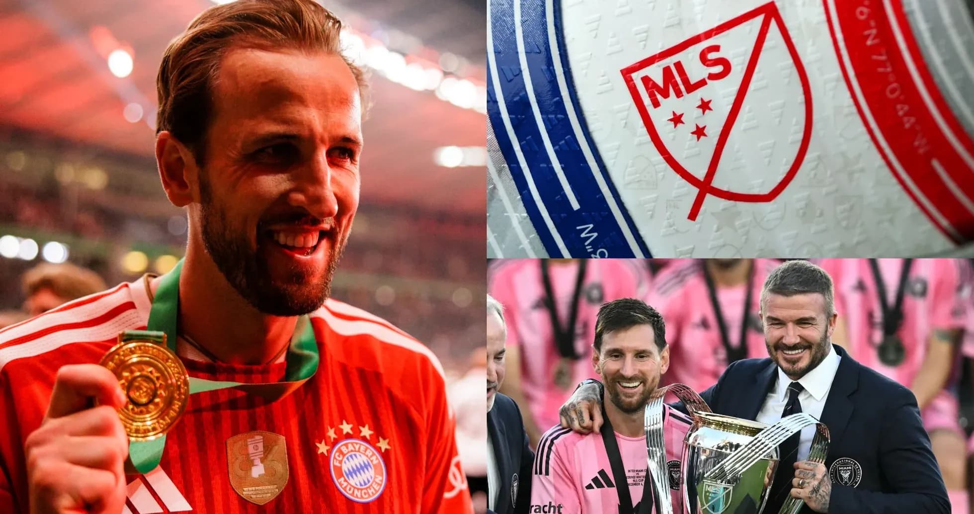 Harry Kane with trophy, MLS logo, Messi and Beckham celebrate Harry Kane with trophy, MLS logo, Messi and Beckham celebrate