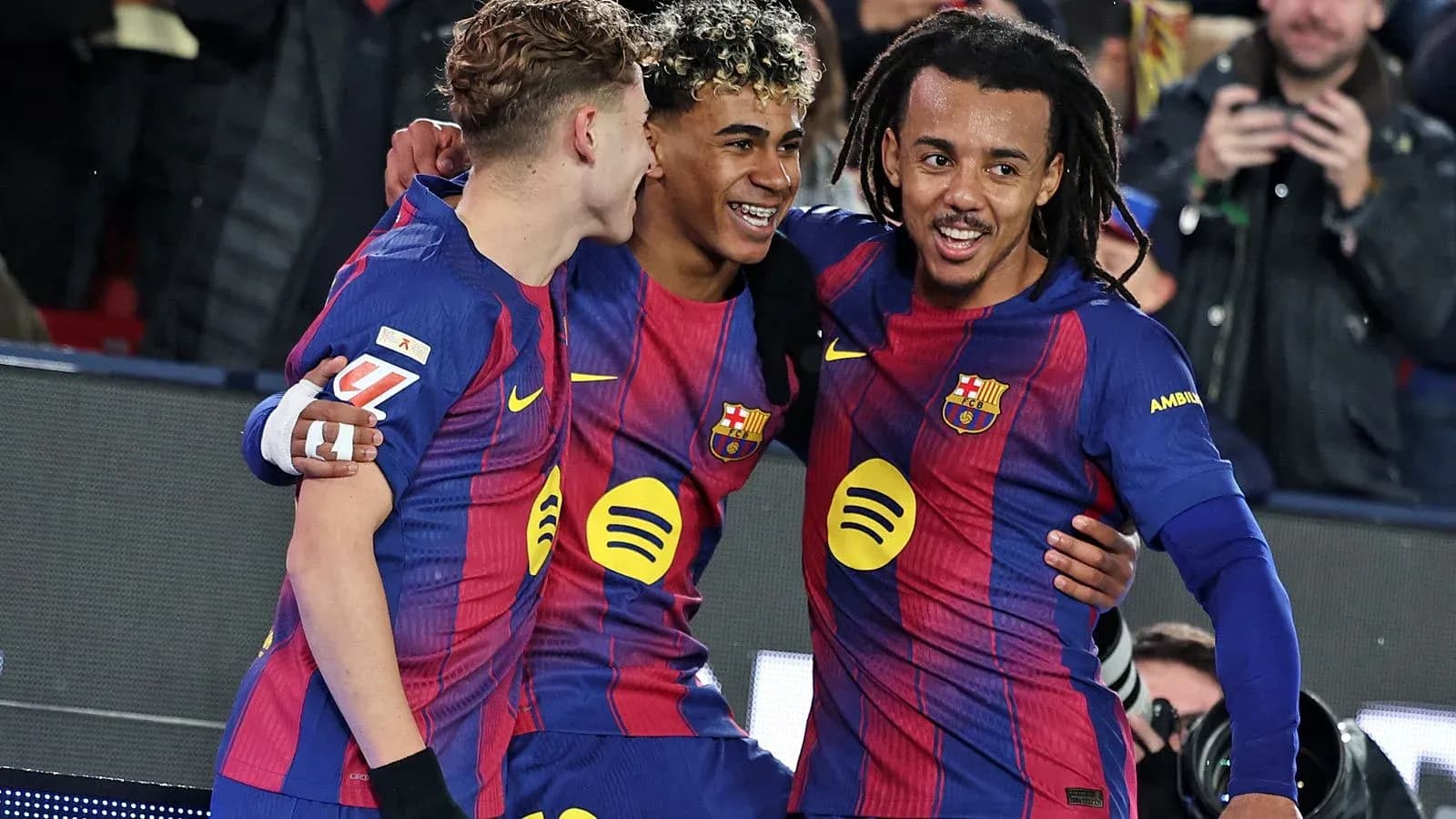 Barcelona players celebrating a goal together Barcelona players celebrating a goal together