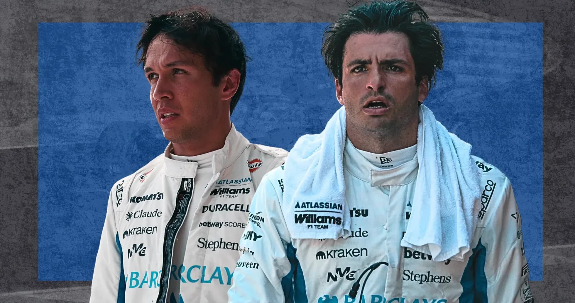 Two Formula 1 drivers in team uniforms Two Formula 1 drivers in team uniforms