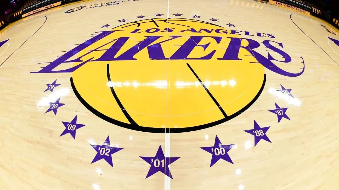 Los Angeles Lakers logo on the basketball court Los Angeles Lakers logo on the basketball court
