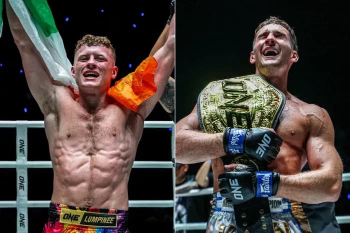Two victorious fighters celebrating with championship belts Two victorious fighters celebrating with championship belts