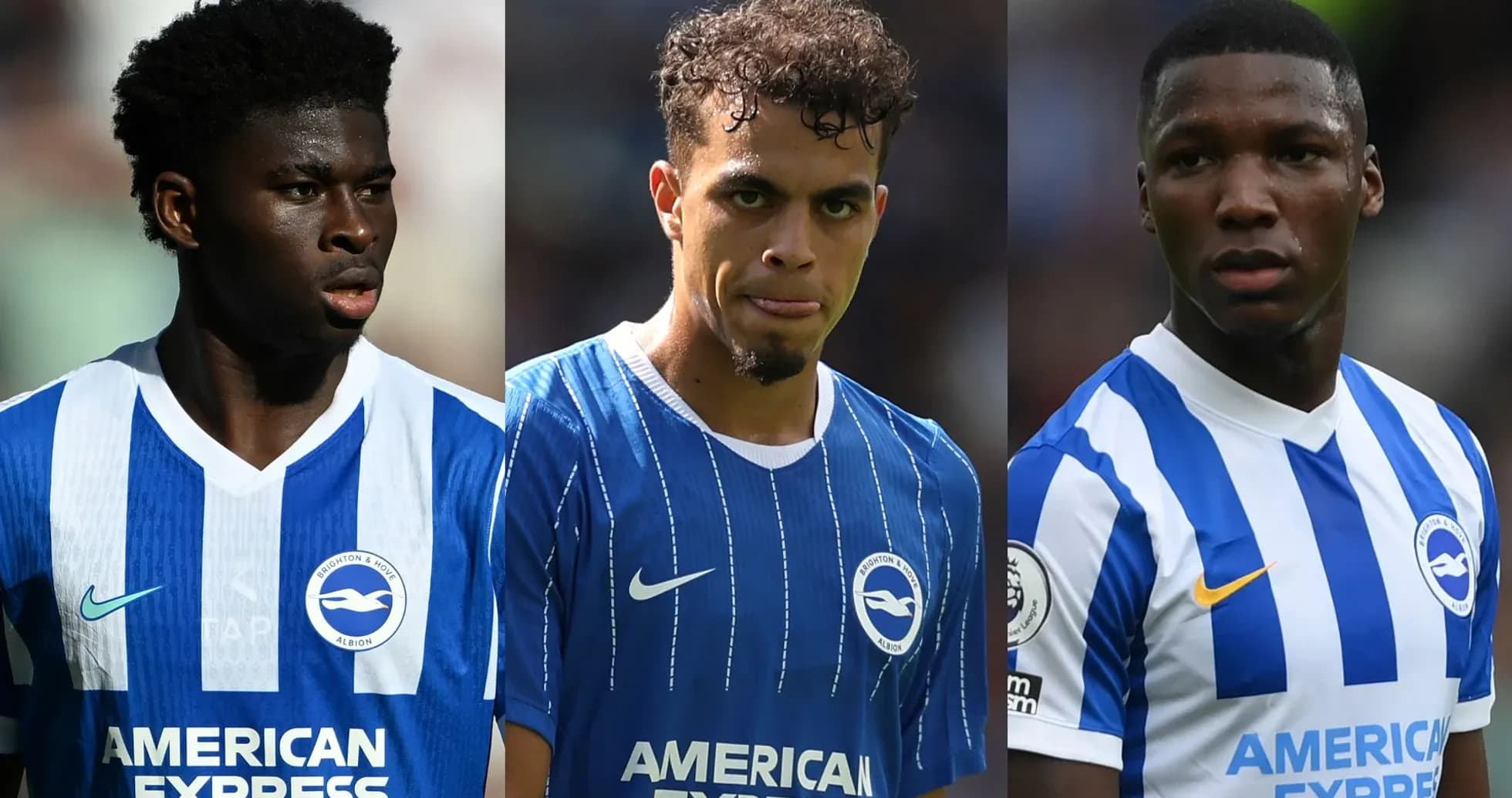 Three Brighton players in team jerseys during match Three Brighton players in team jerseys during match
