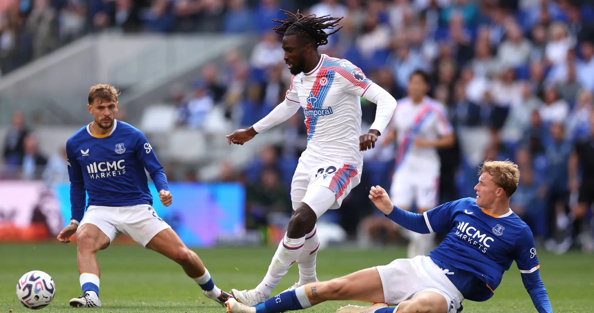 Player dribbling past opponents during football match Player dribbling past opponents during football match