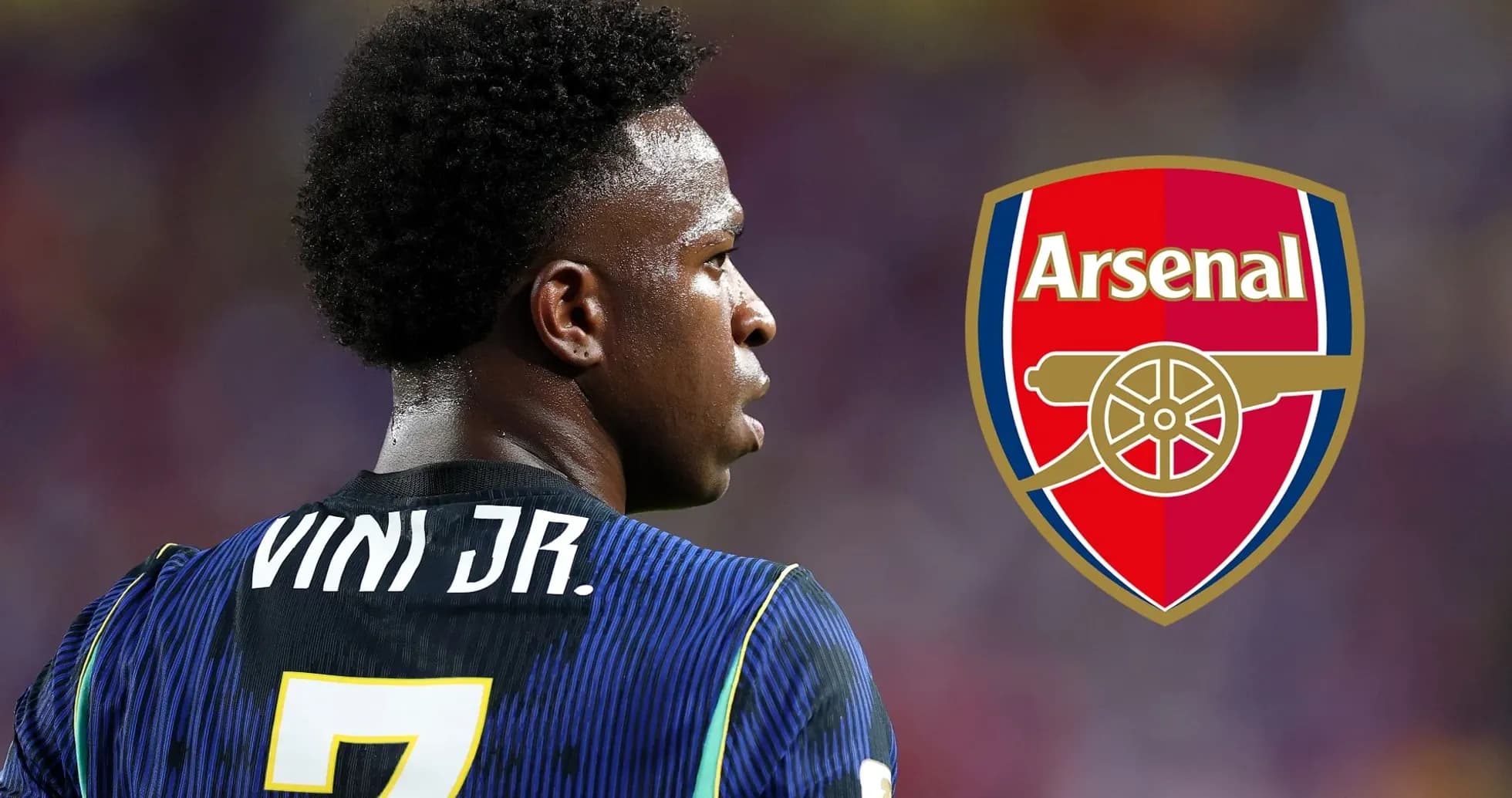 Futbolchi Vini Jr. Arsenal logosi orqasida Futbolchi Vini Jr. Arsenal logosi orqasida