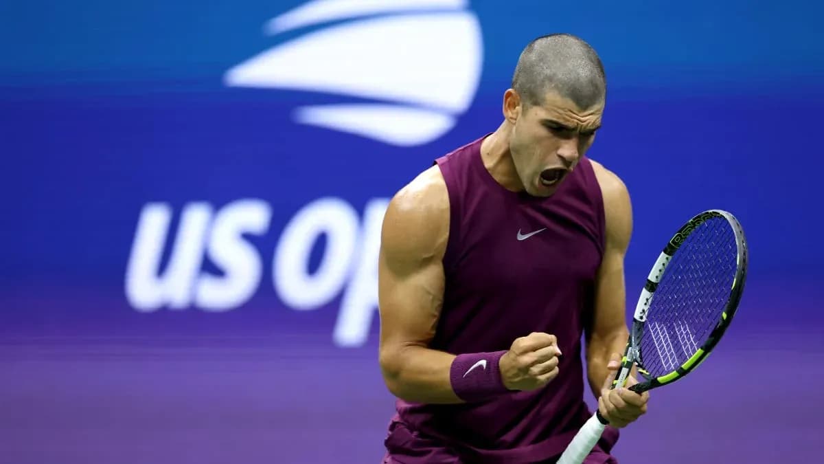 Tennis player celebrating during US Open match Tennis player celebrating during US Open match