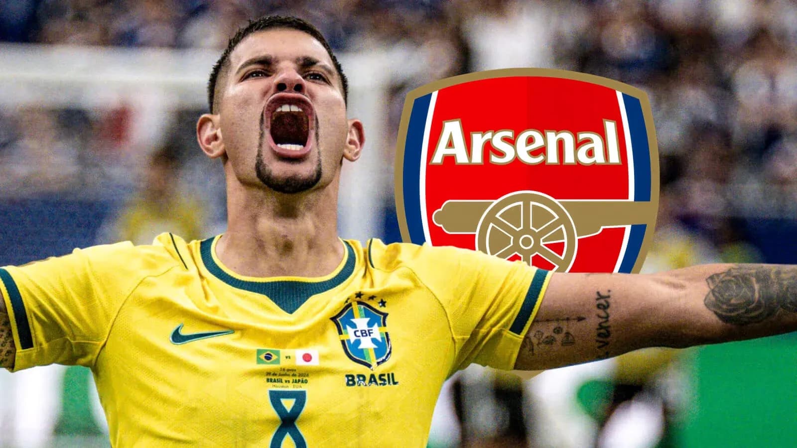 Brazillian player celebrating with Arsenal logo background Brazillian player celebrating with Arsenal logo background