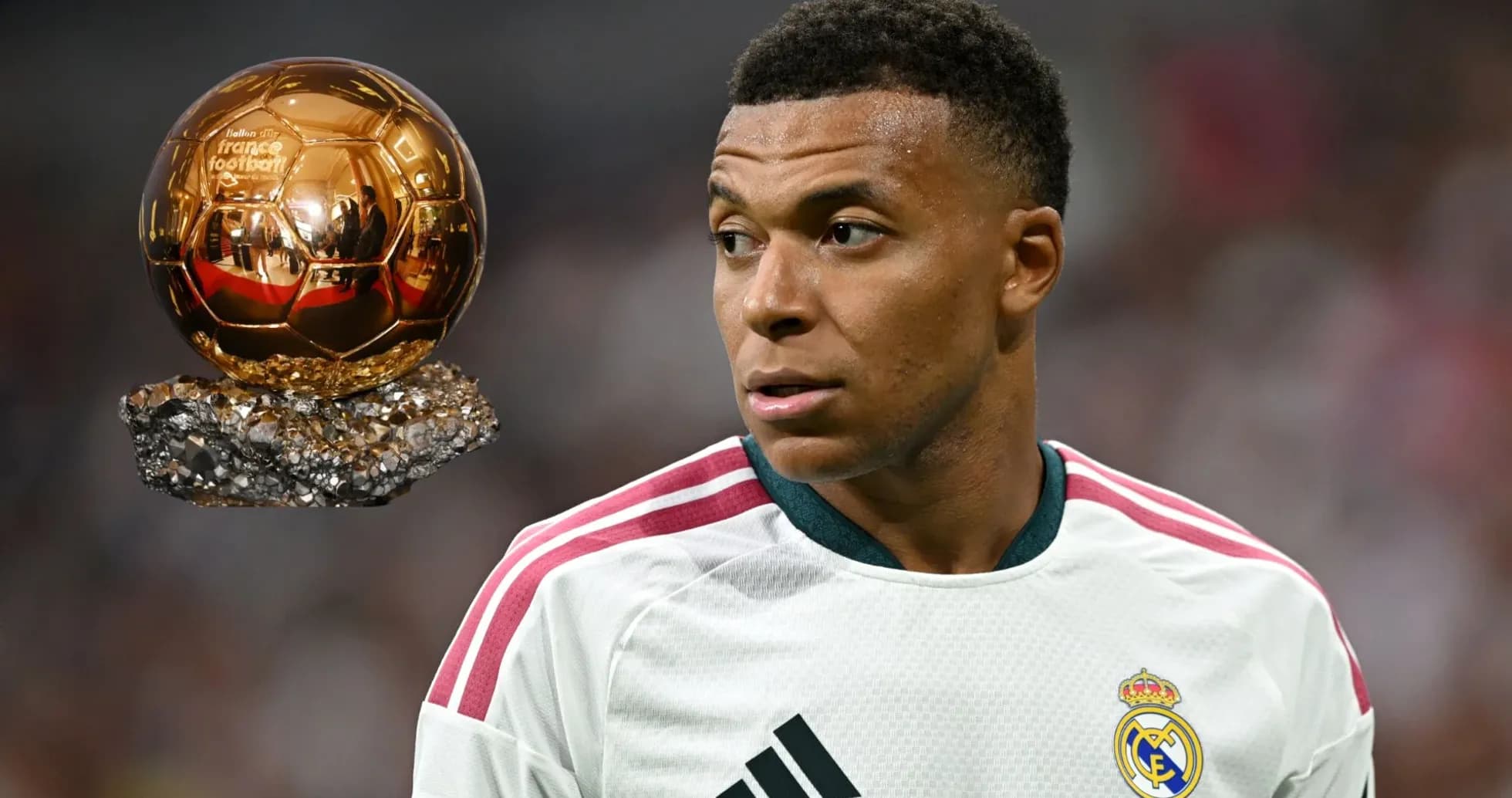 Kylian Mbappé with Ballon d'Or trophy displayed Kylian Mbappé with Ballon d'Or trophy displayed