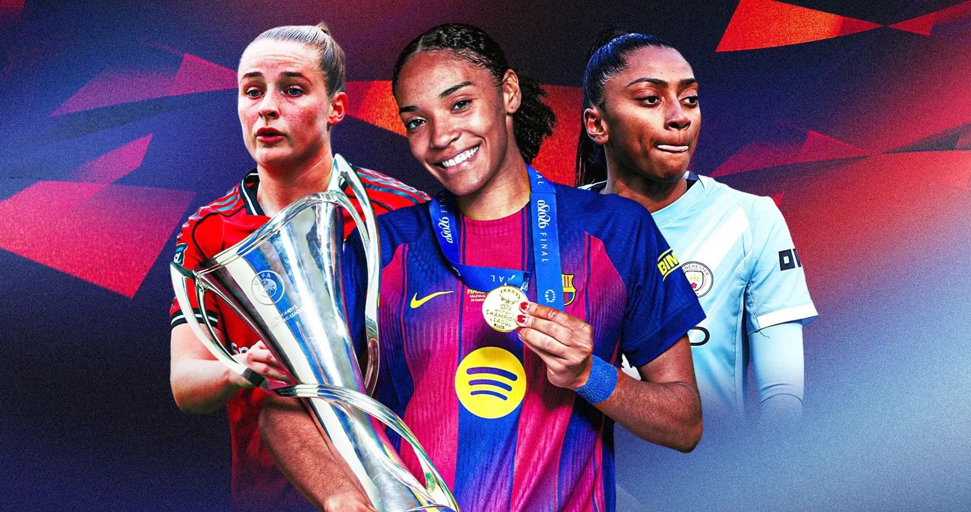 Three female football players with trophies and medals Three female football players with trophies and medals